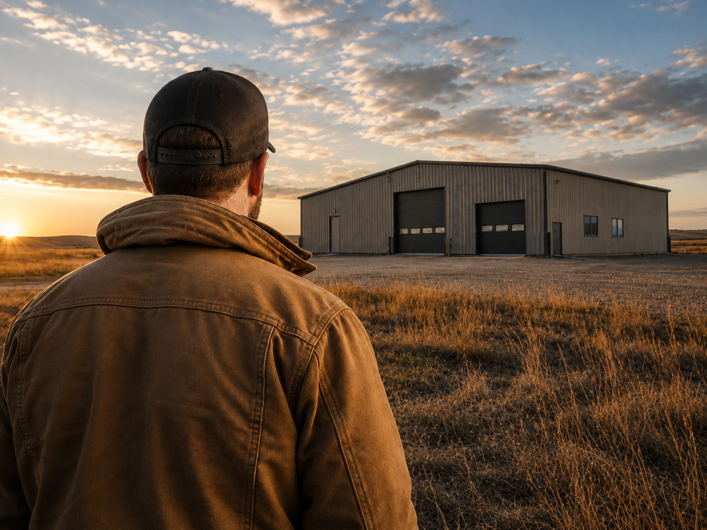 Farmer looking toward a completed steel farm building at sunset