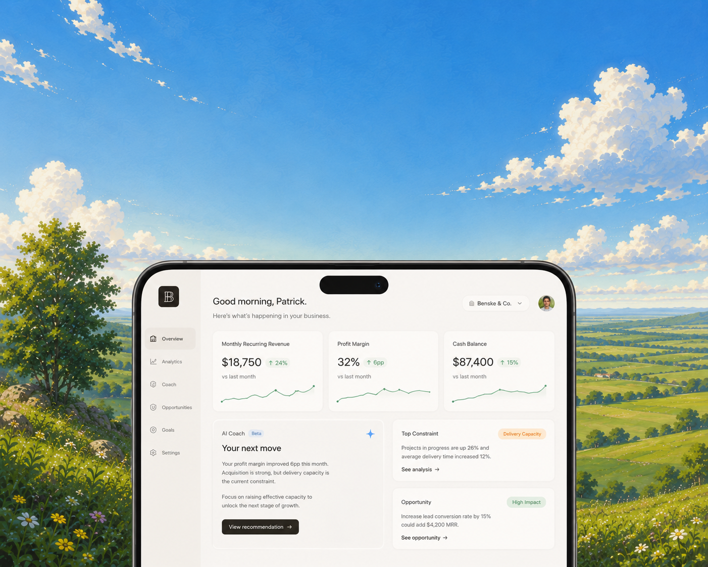 A preview of the upcoming AI business coach dashboard