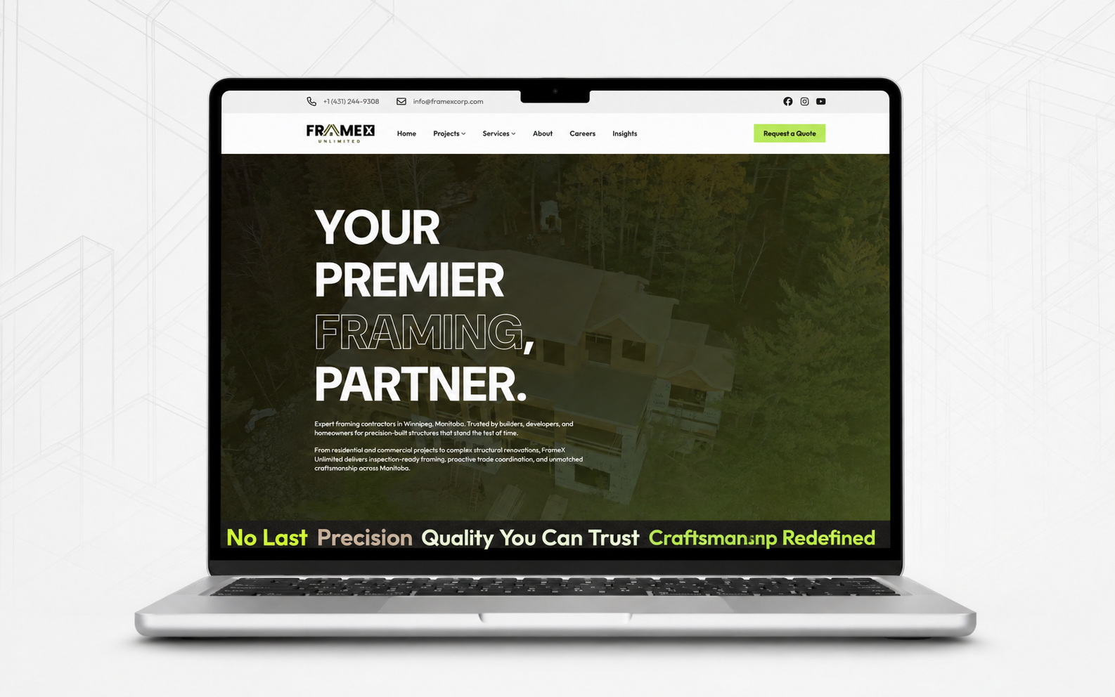 FrameX Unlimited website shown on a laptop