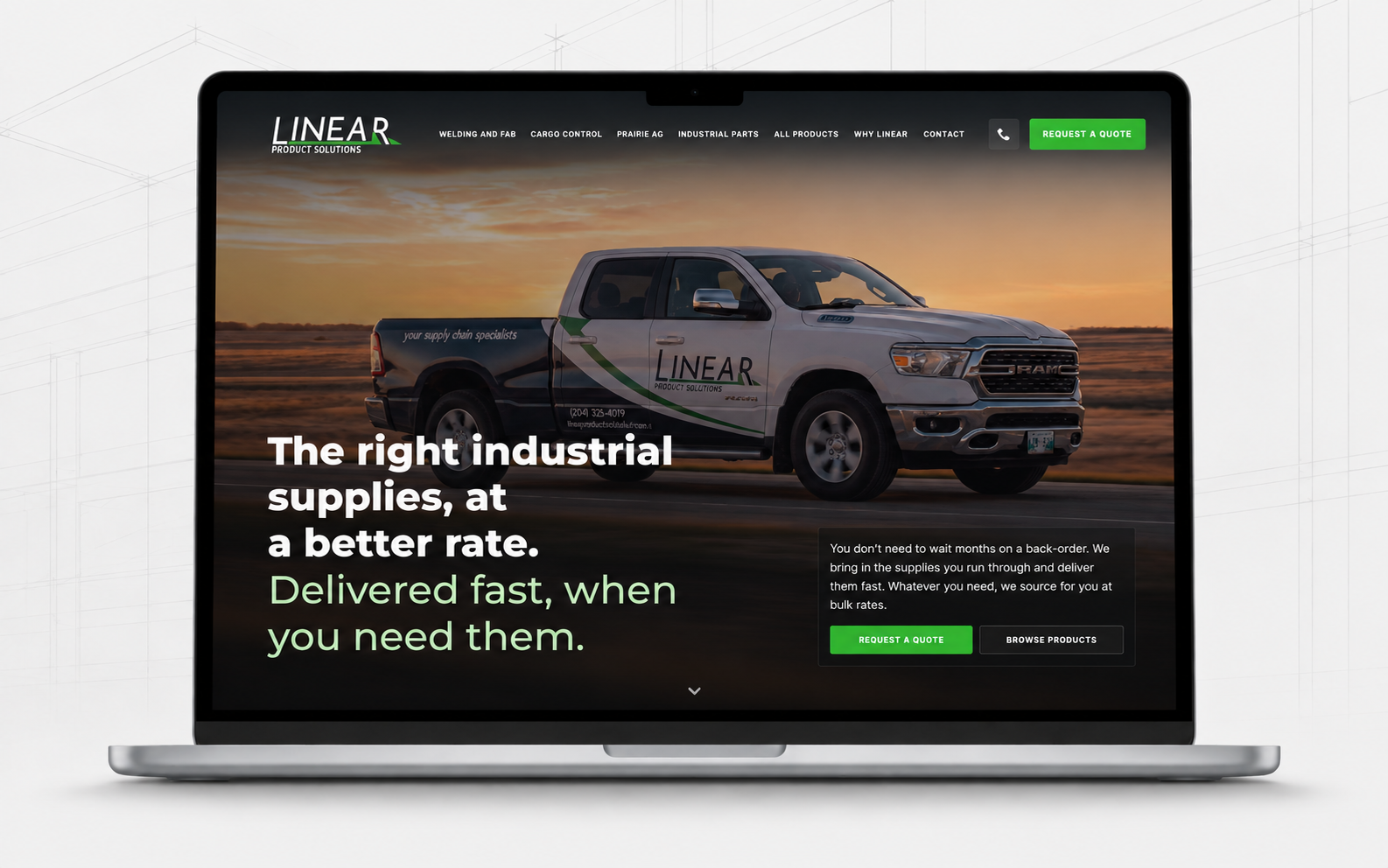 Linear Product Solutions website homepage shown on a laptop