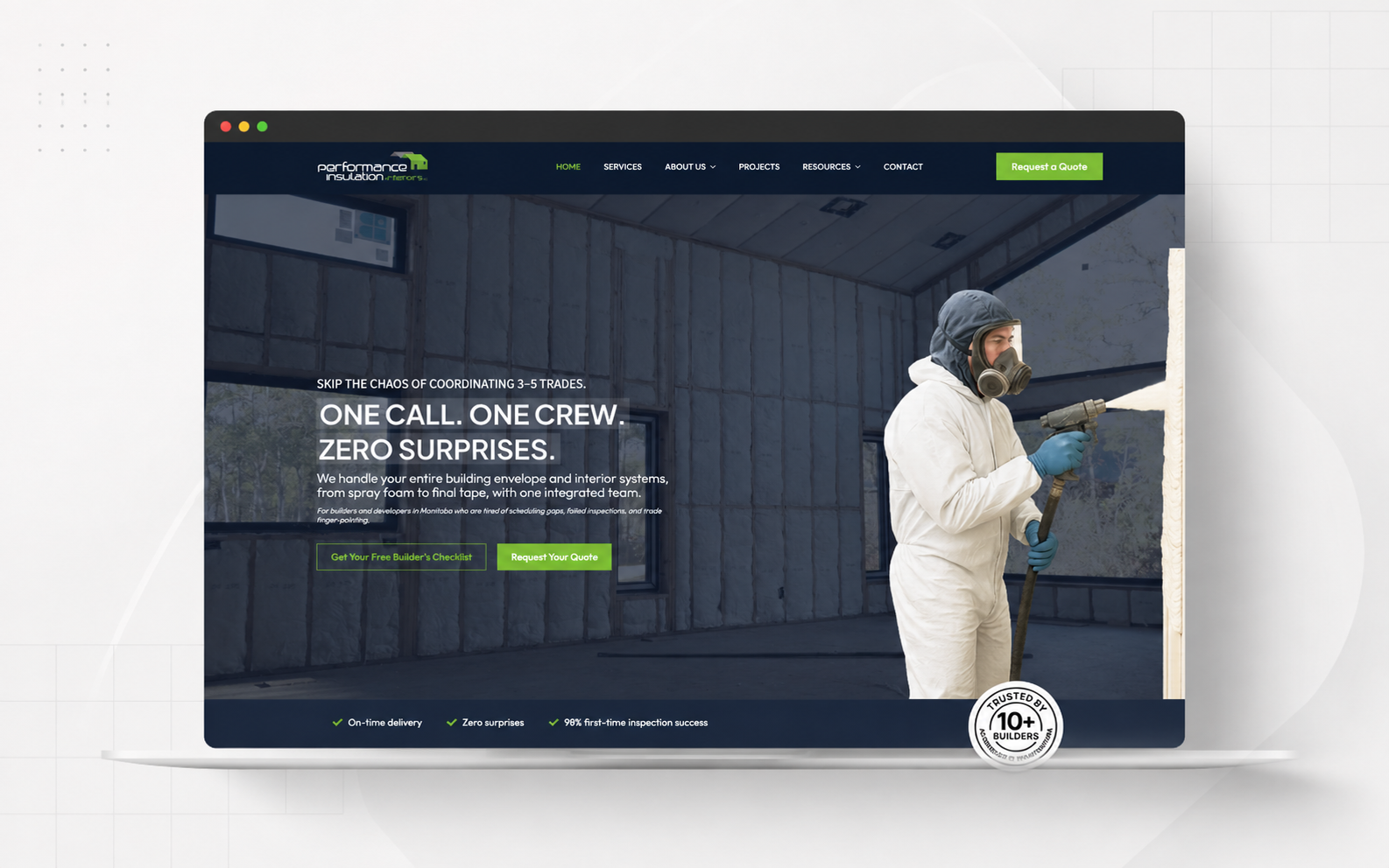 Performance Insulation construction website shown on a desktop screen