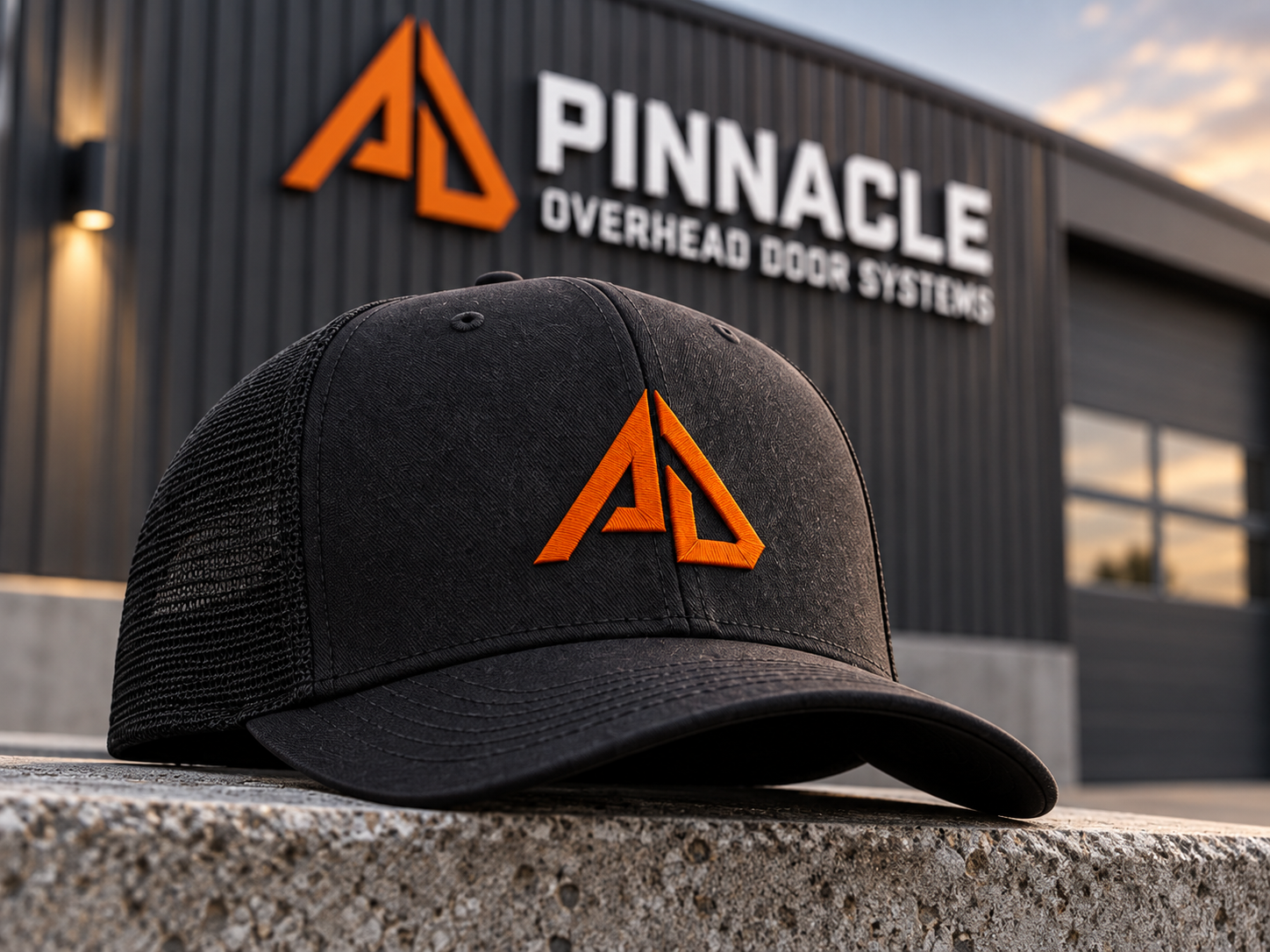 Pinnacle Overhead Door Systems branded facility sign and cap