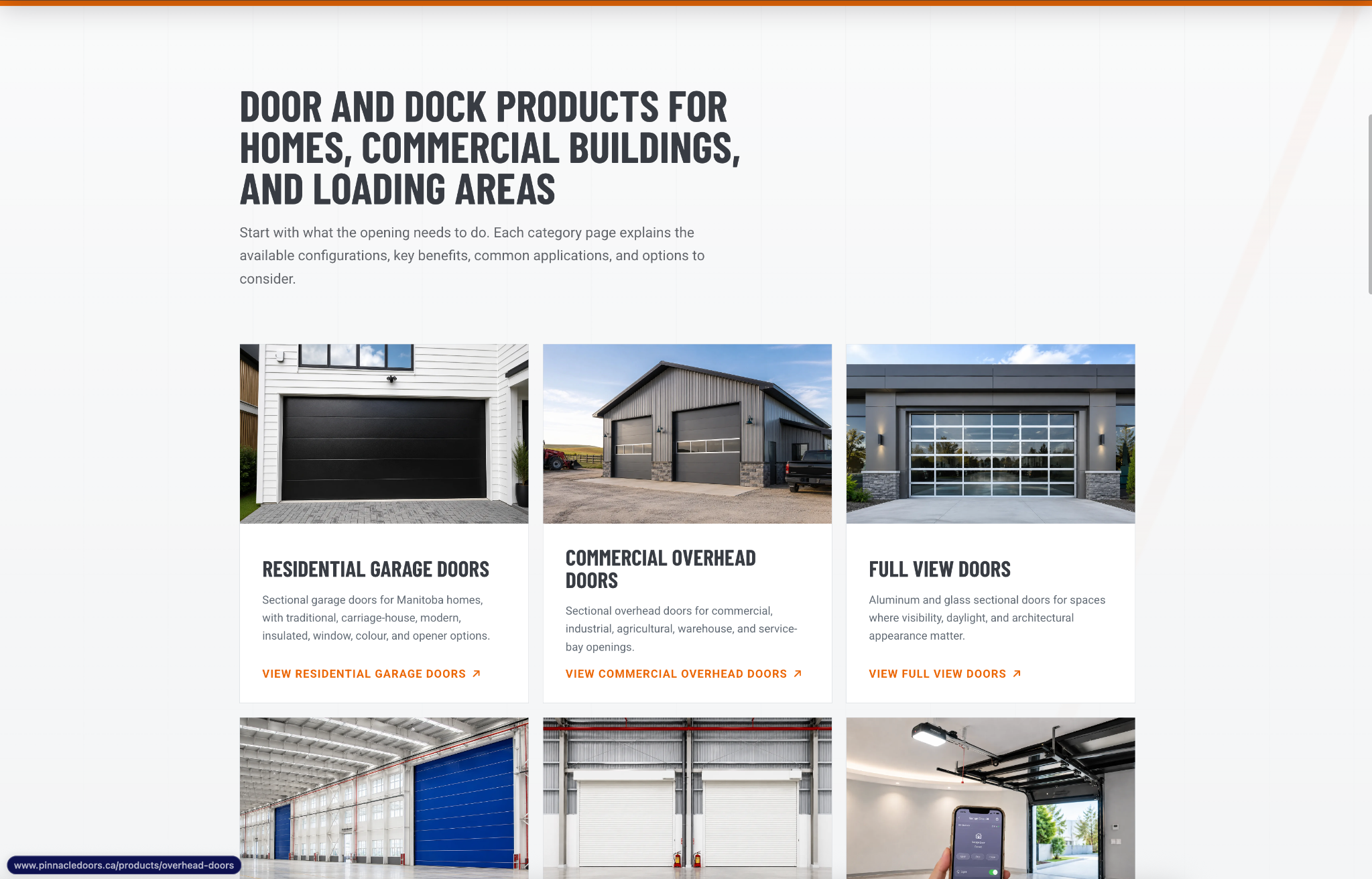 Pinnacle Overhead Door Systems product category pages