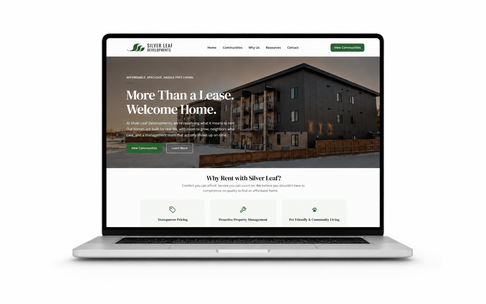 Silver Leaf Developments website shown on a laptop